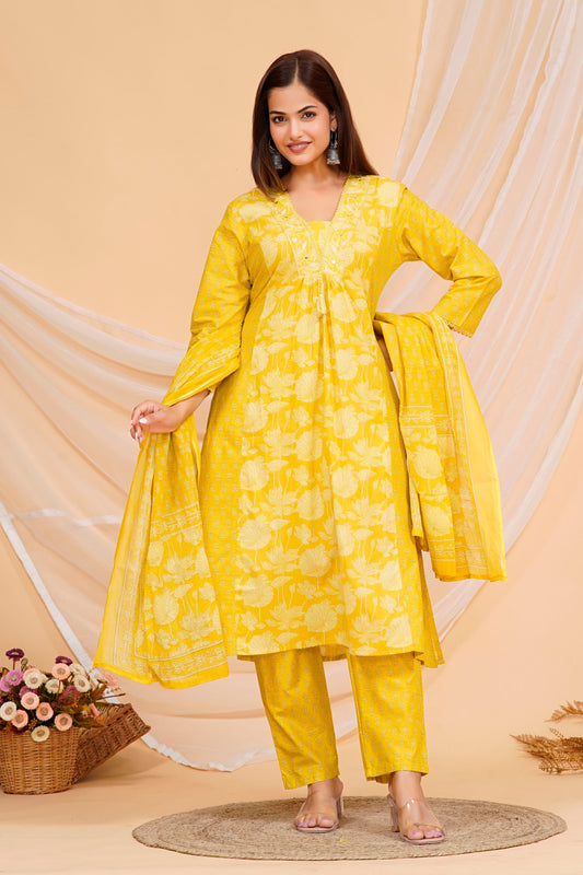 Yellow Printed Cotton Kurta and Pant Set with Dupatta