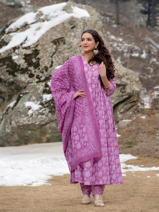 Lavender Pink Printed Cotton Anarkali Suit Set with Dupatta