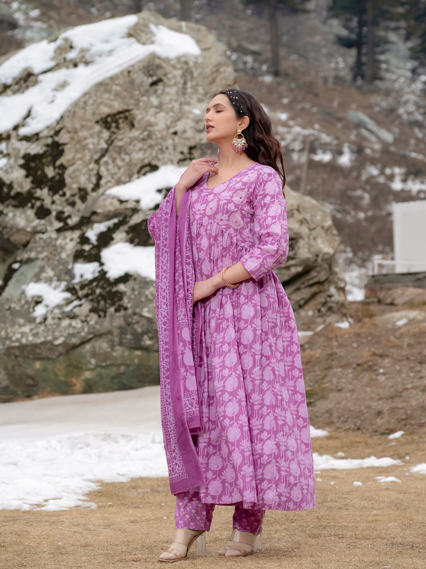 Lavender Pink Printed Cotton Anarkali Suit Set with Dupatta