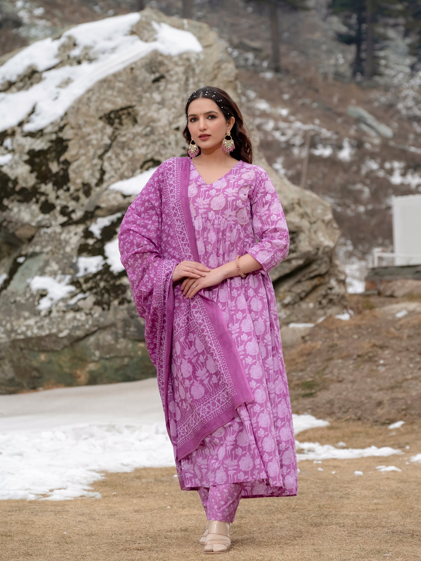 Lavender Pink Printed Cotton Anarkali Suit Set with Dupatta