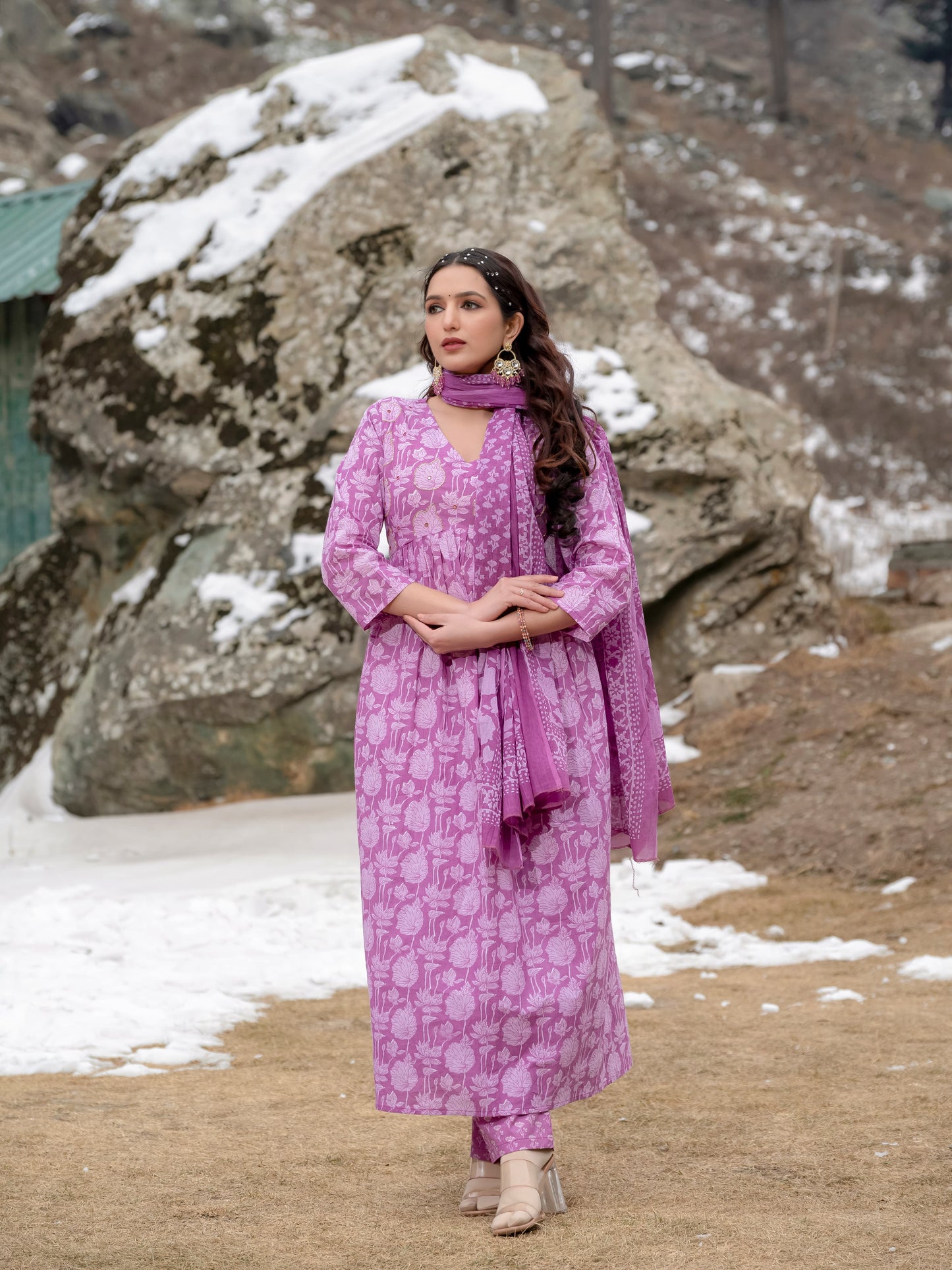 Lavender Pink Printed Cotton Anarkali Suit Set with Dupatta