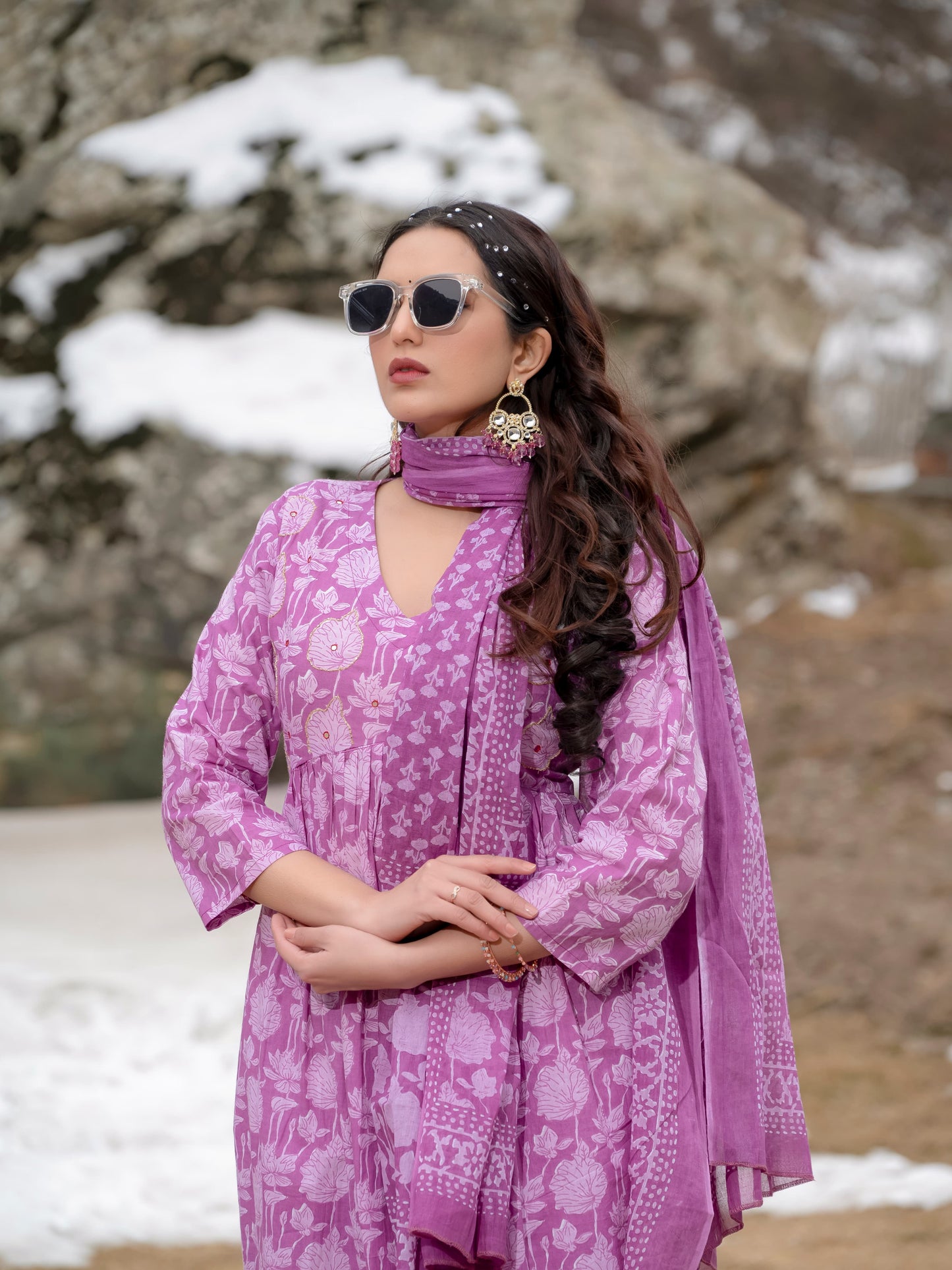 Lavender Pink Printed Cotton Anarkali Suit Set with Dupatta