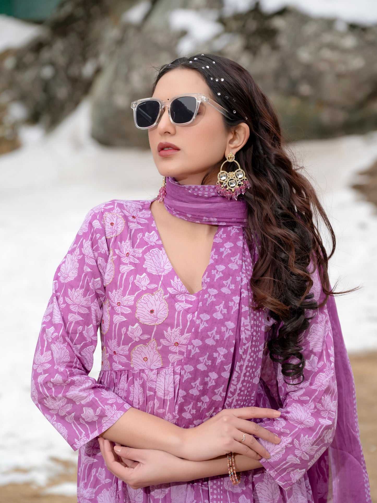 Lavender Pink Printed Cotton Anarkali Suit Set with Dupatta