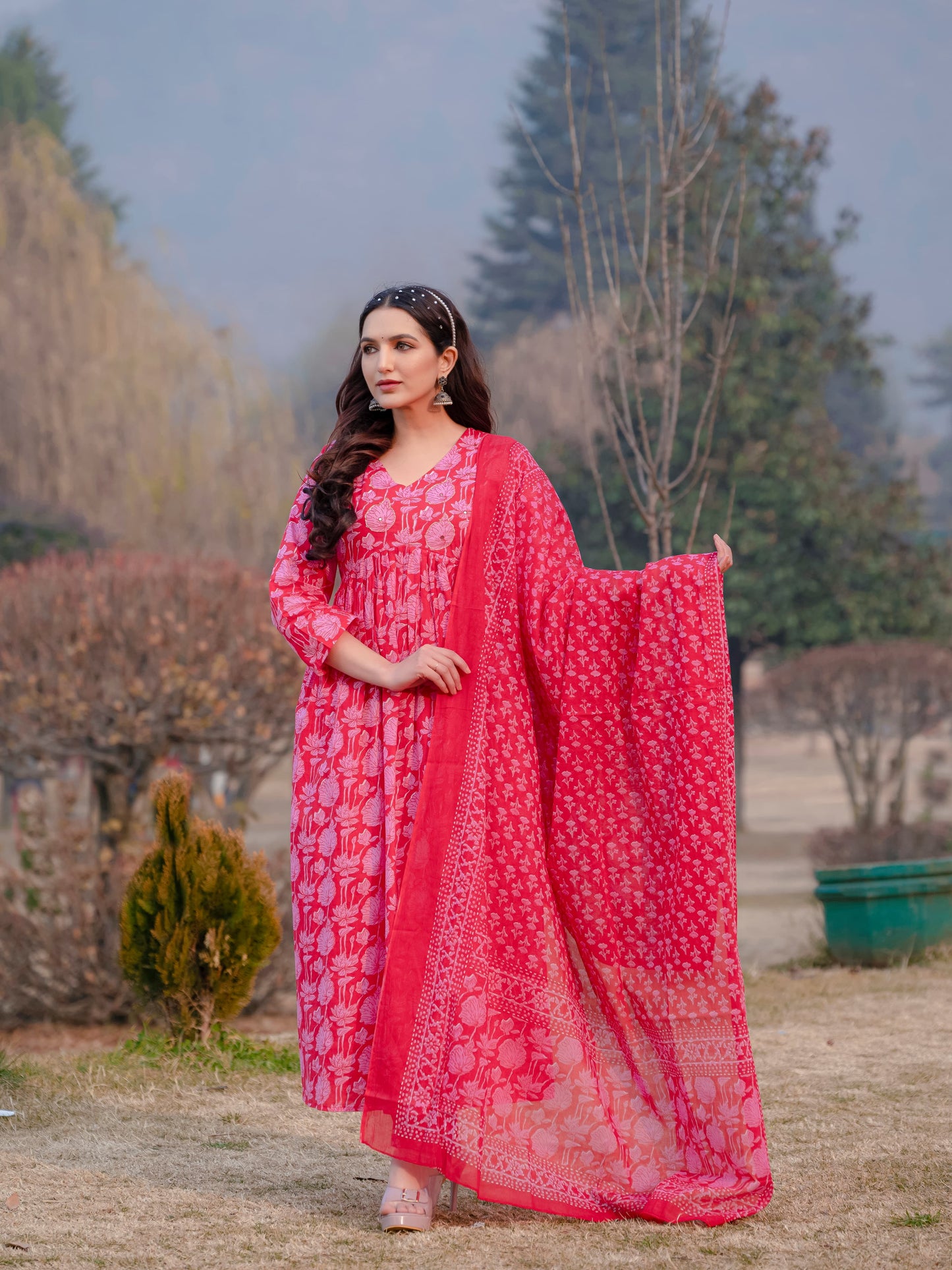 Light Red Printed Cotton Anarkali Suit Set with Dupatta