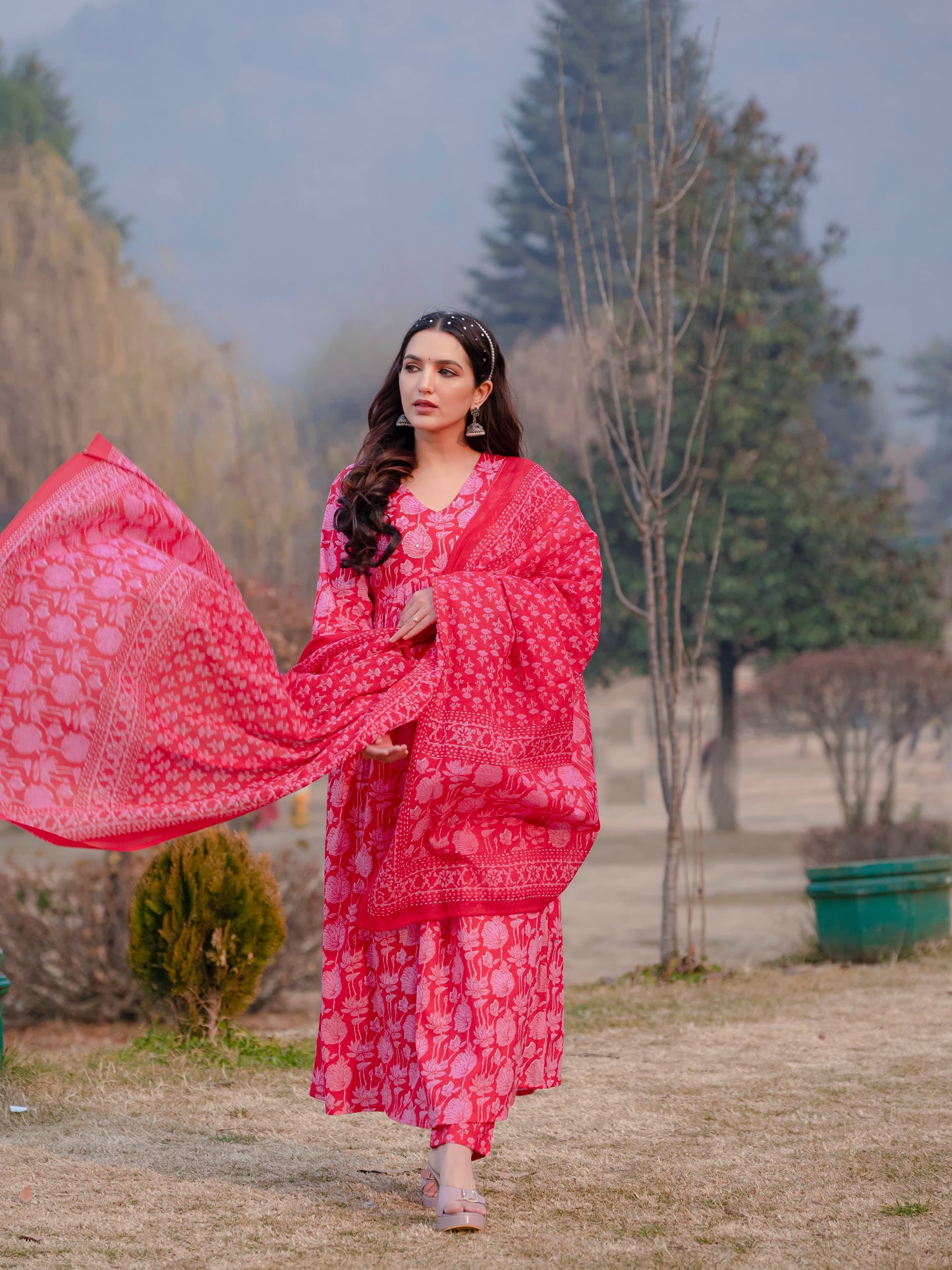 Light Red Printed Cotton Anarkali Suit Set with Dupatta