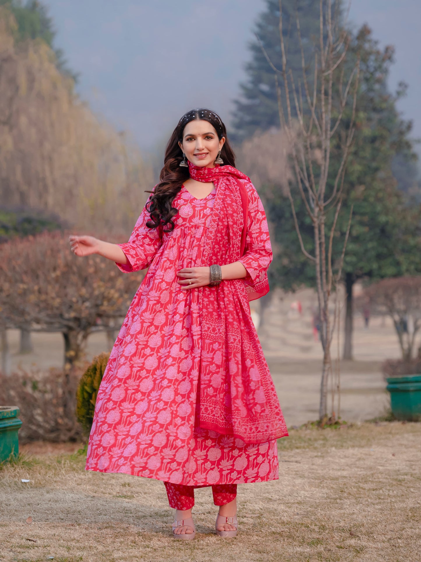 Light Red Printed Cotton Anarkali Suit Set with Dupatta