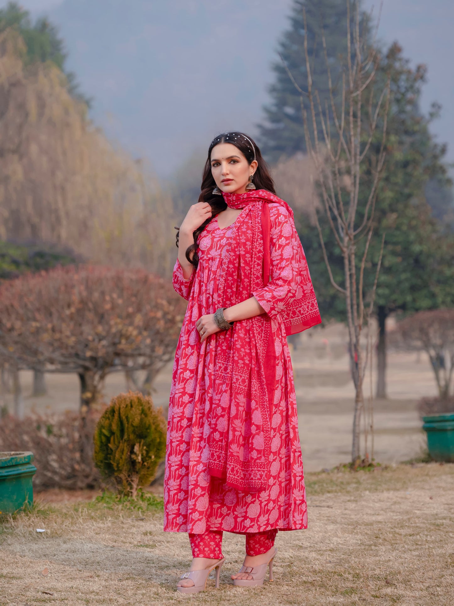 Light Red Printed Cotton Anarkali Suit Set with Dupatta