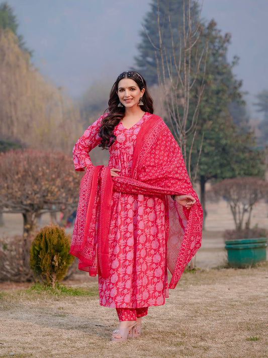 Light Red Printed Cotton Anarkali Suit Set with Dupatta