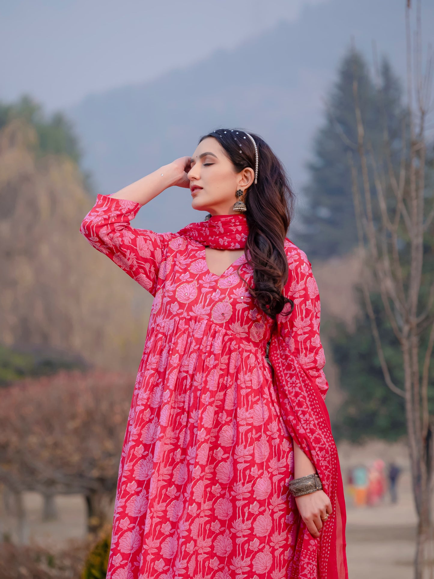 Light Red Printed Cotton Anarkali Suit Set with Dupatta