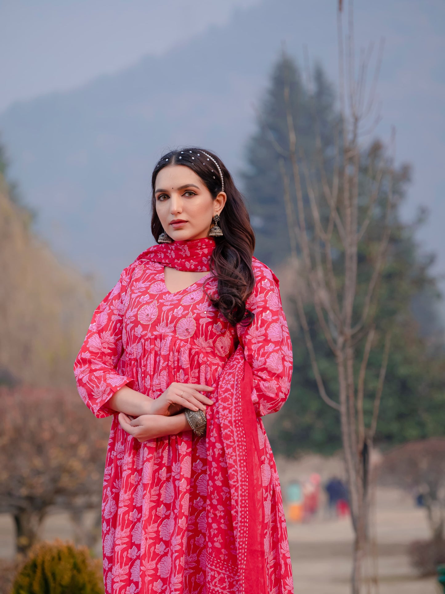 Light Red Printed Cotton Anarkali Suit Set with Dupatta