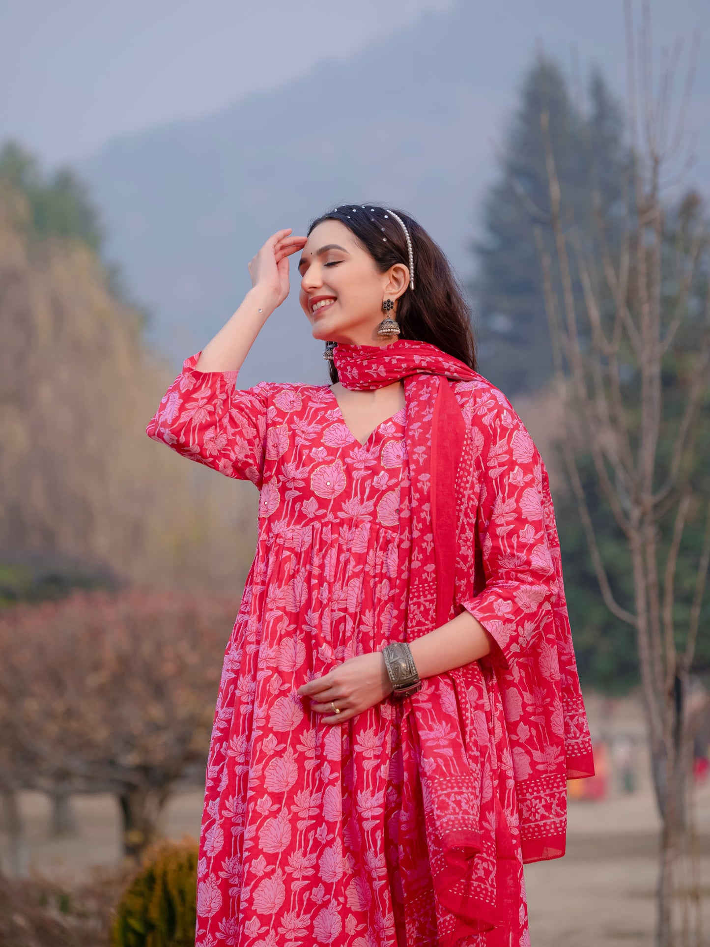 Light Red Printed Cotton Anarkali Suit Set with Dupatta