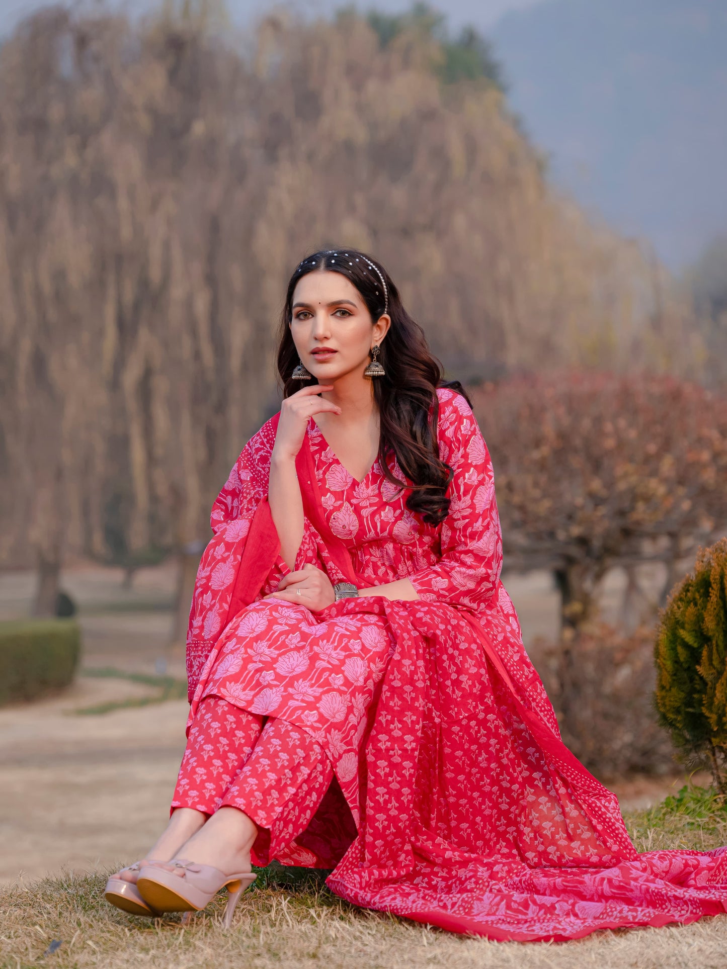 Light Red Printed Cotton Anarkali Suit Set with Dupatta