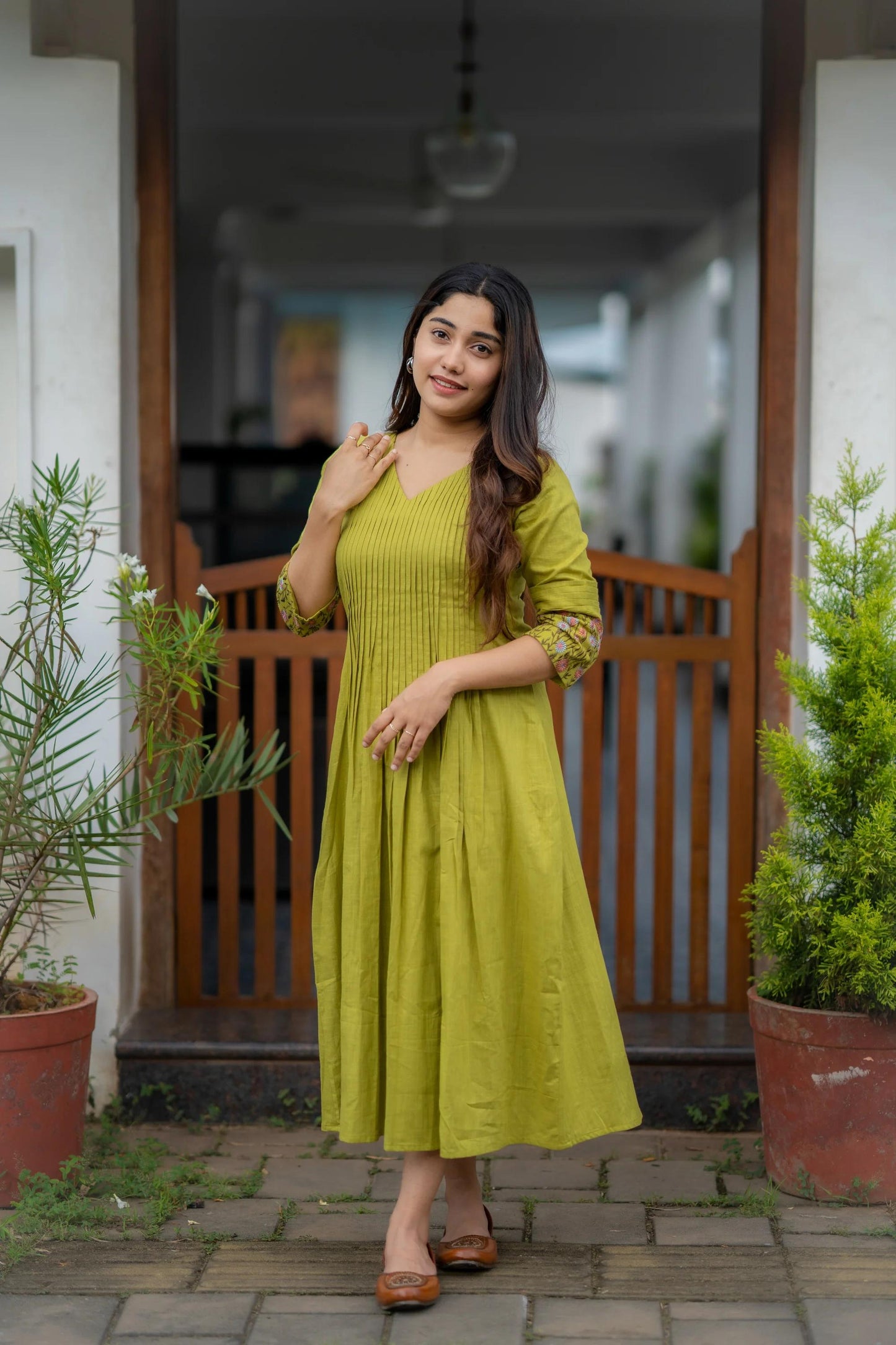 Green Embroidered Printx Work Cotton Anarkali Gown