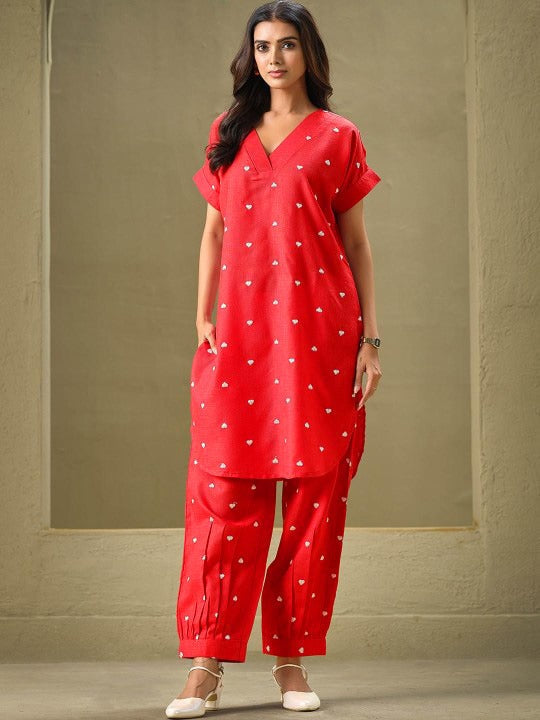 Red Embroidered Rayon Kurta and Pant Set