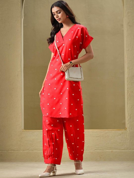 Red Embroidered Rayon Kurta and Pant Set