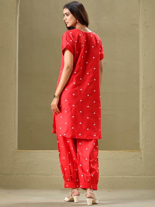 Red Embroidered Rayon Kurta and Pant Set