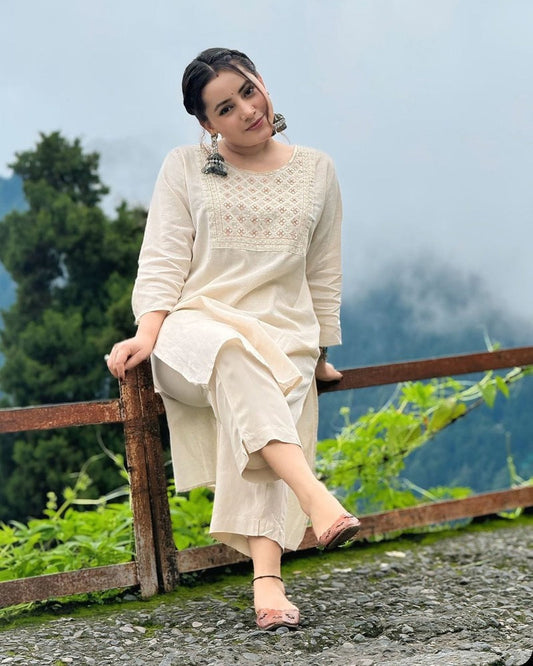 Off White Embroidered Cotton Kurta and Pant Set