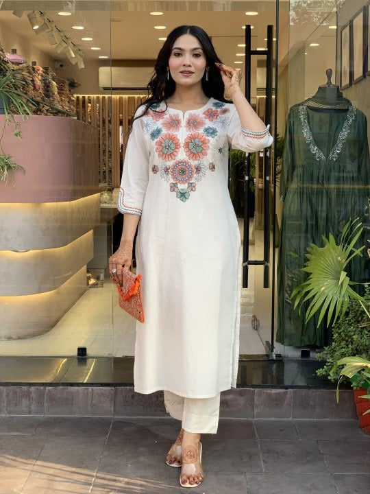 Off White Embroidered Cotton Flex Kurta and Pant Set