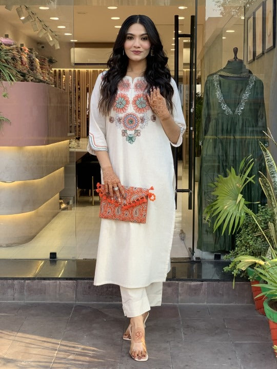 Off White Embroidered Cotton Flex Kurta and Pant Set