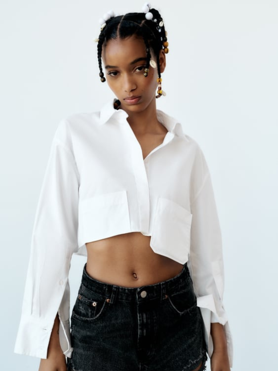 Cropped Cotton Shirt with Pocket