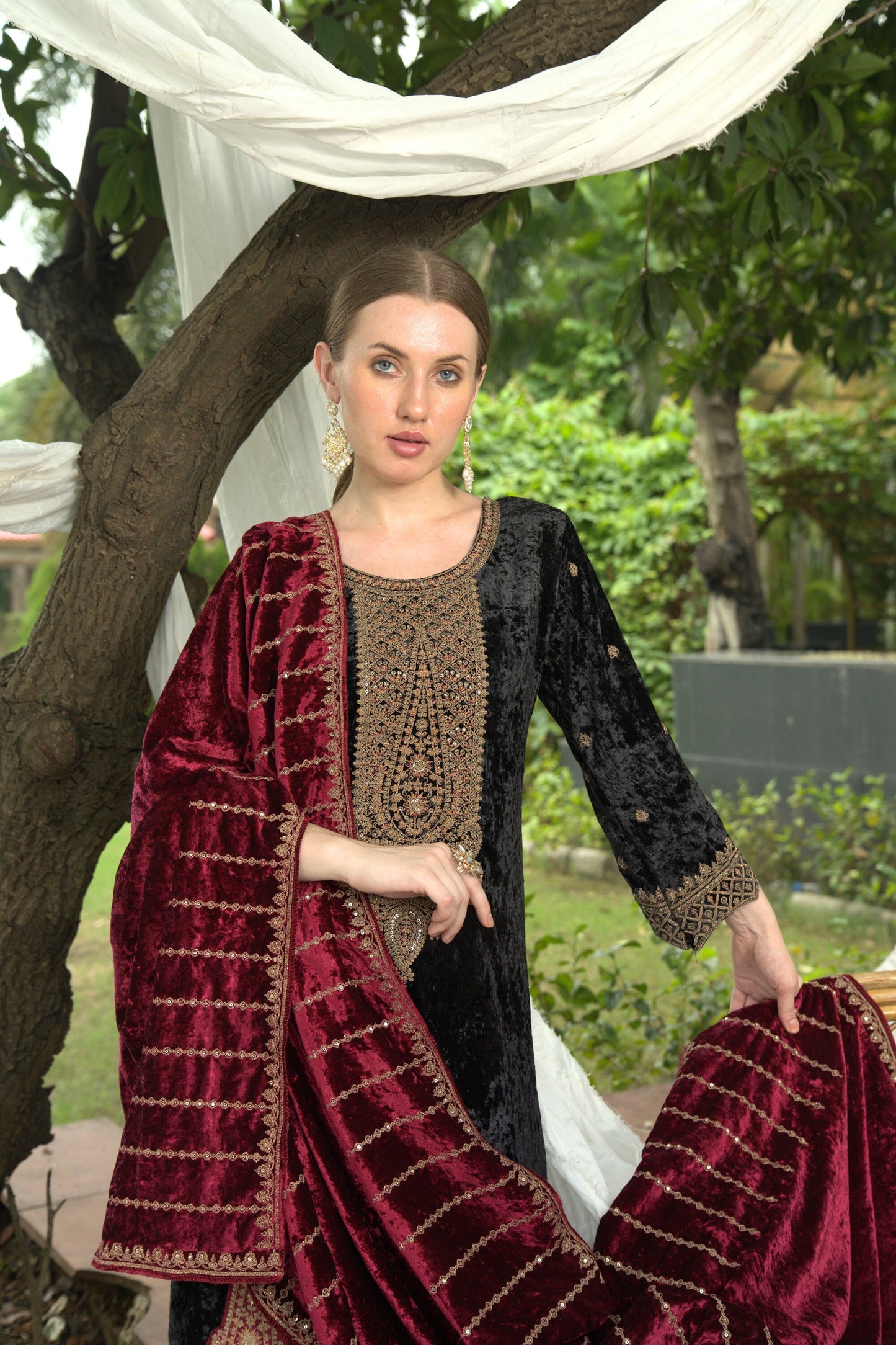 Black Red Designer Velvet Pakistani Suit Set