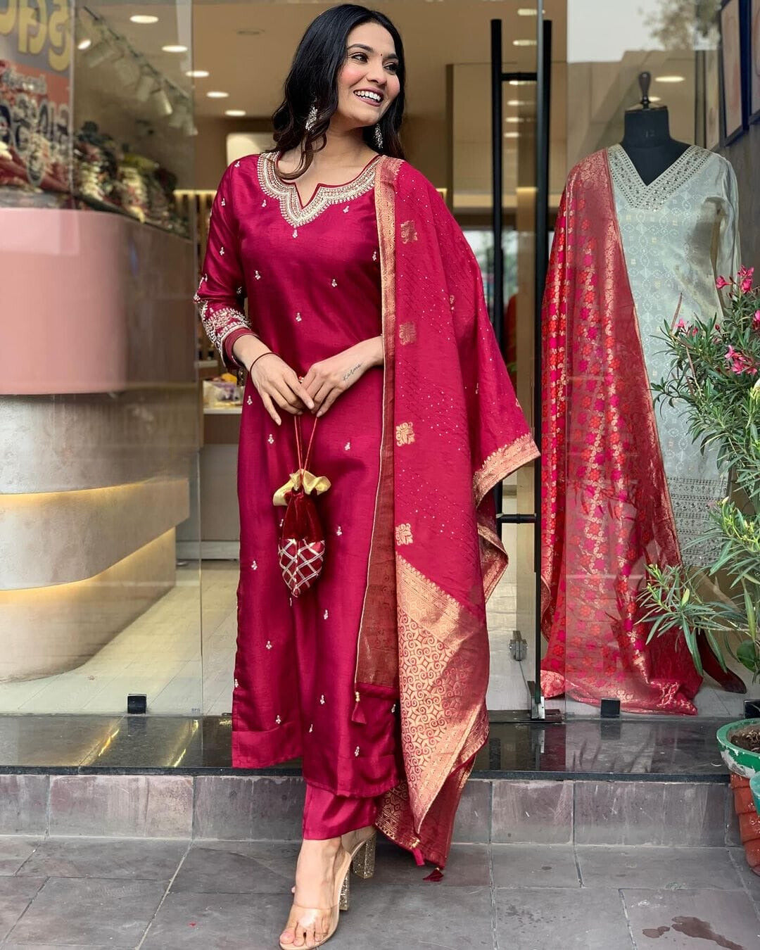 Red Embroidered Silk Suit Set with Dupatta