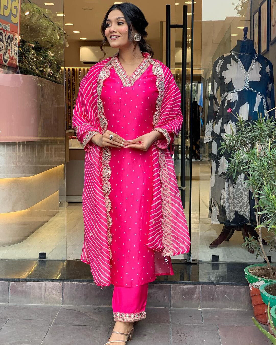 Pink Embroidered Chinon Suit Set with Lehariya Dupatta