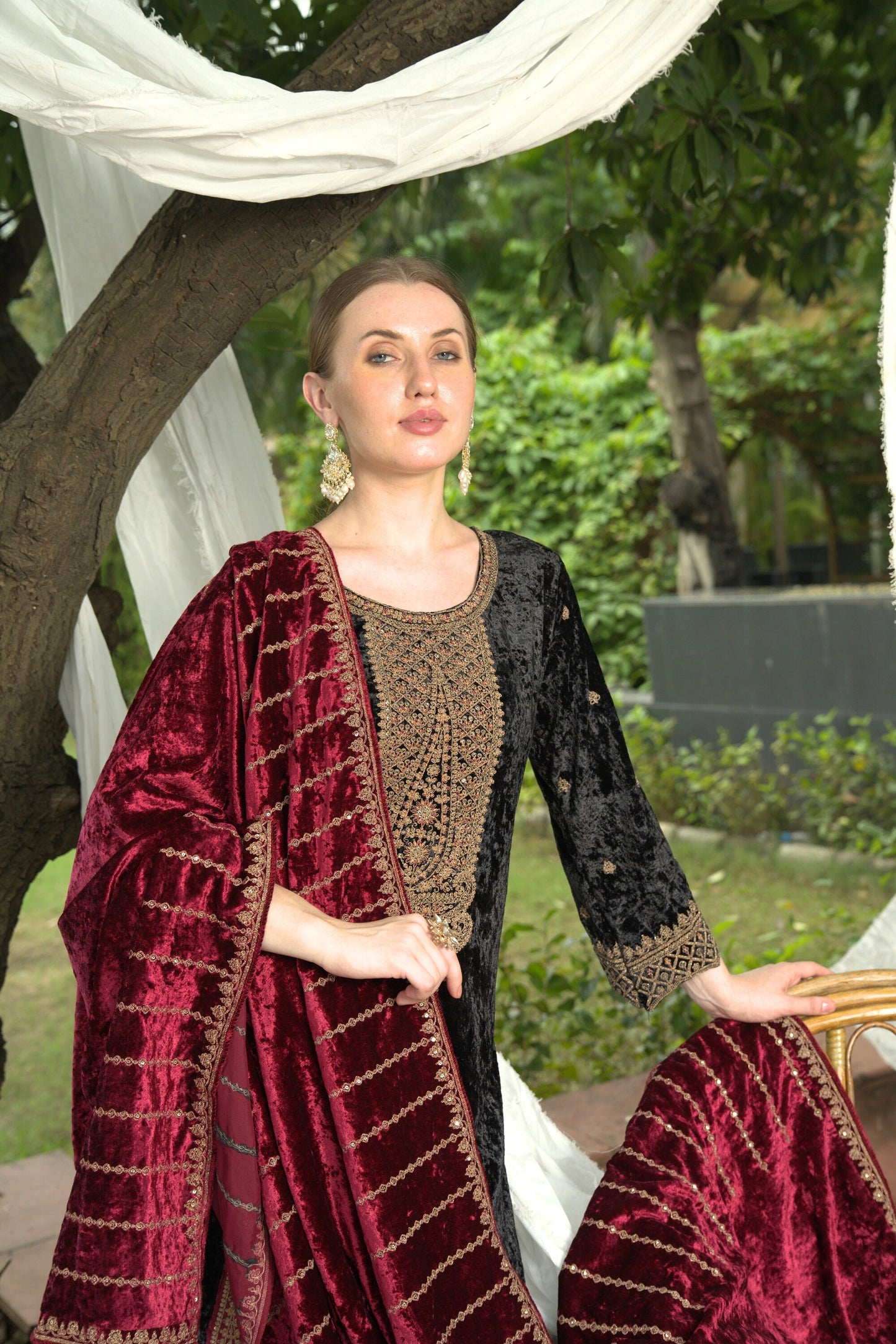 Black Red Designer Velvet Pakistani Suit Set