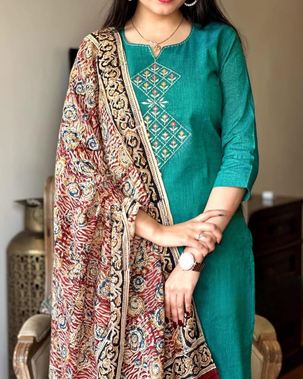 Persian Green Embroidered Handloom Cotton Suit Set with Dupatta