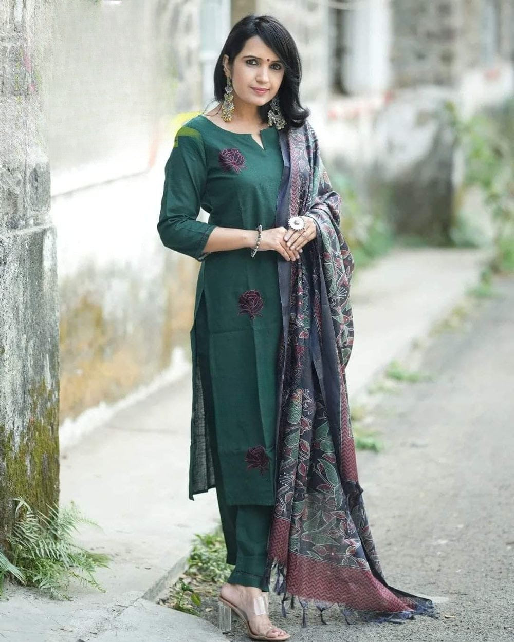 Sea Turtle Green Embroidered Cotton Flex Suit Set with Dupatta