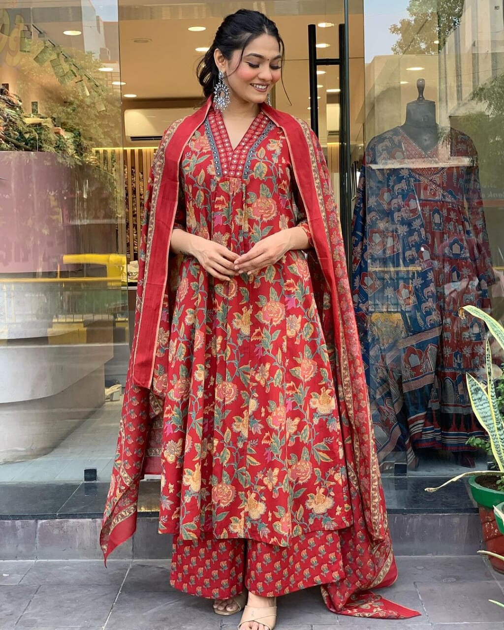 Reddish Floral Printed Cotton Suit Set with Mulmul Dupatta