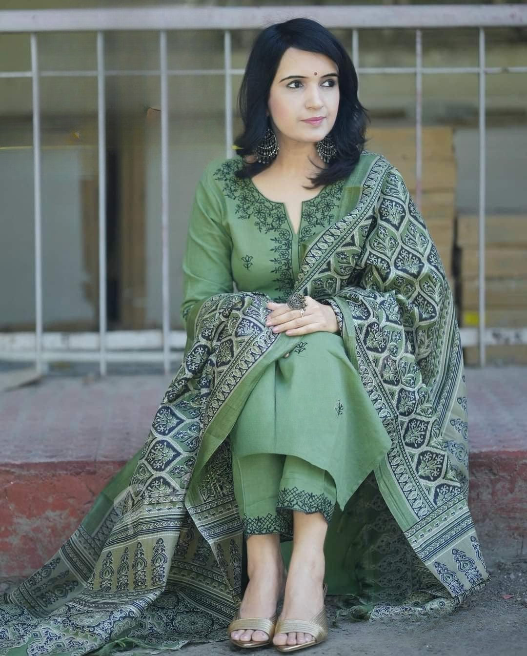 Green Embroidered Cotton Kurta and Pant Set with Dupatta