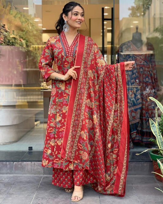 Reddish Floral Printed Cotton Suit Set with Mulmul Dupatta