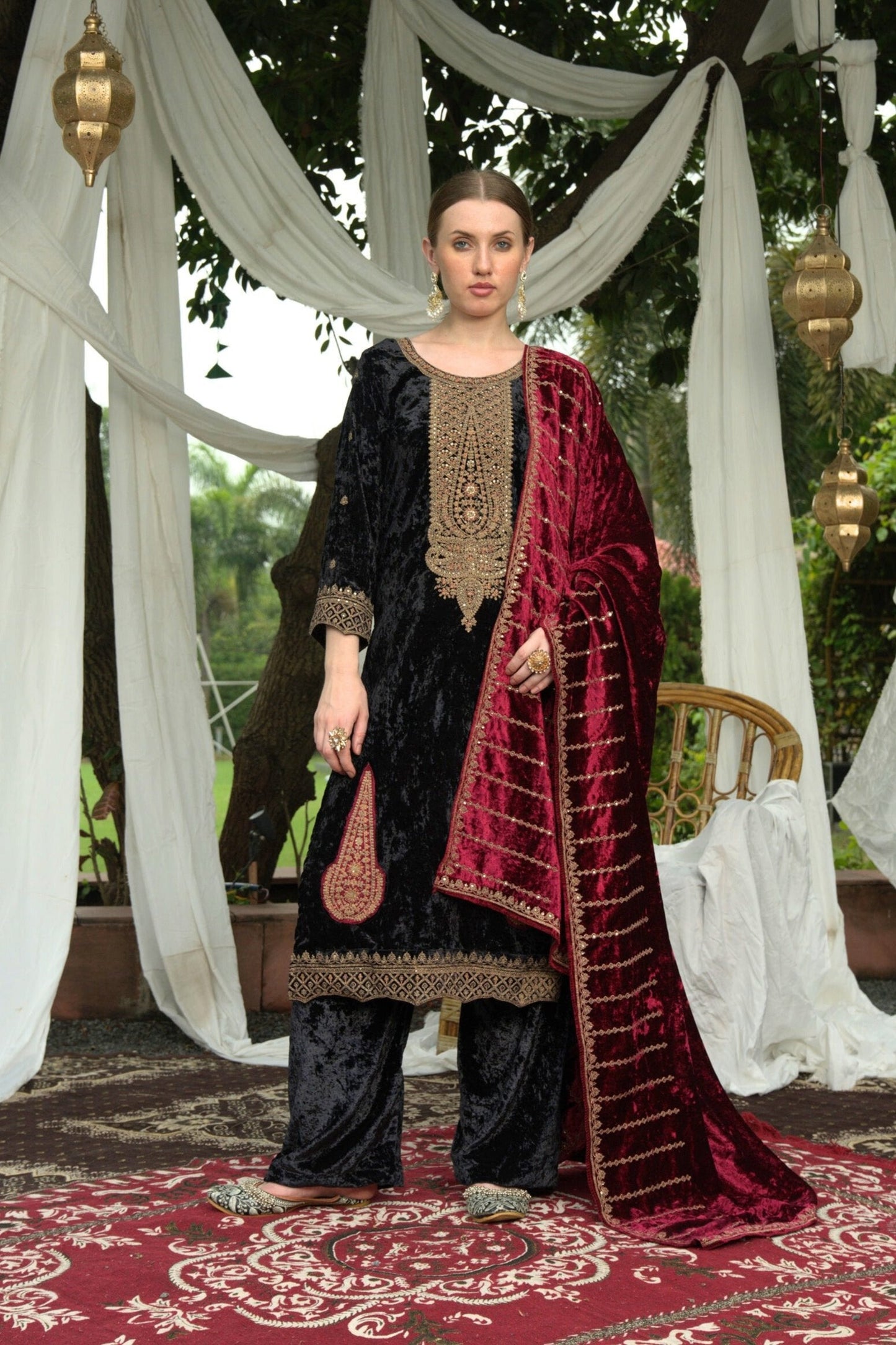 Black Red Designer Velvet Pakistani Suit Set