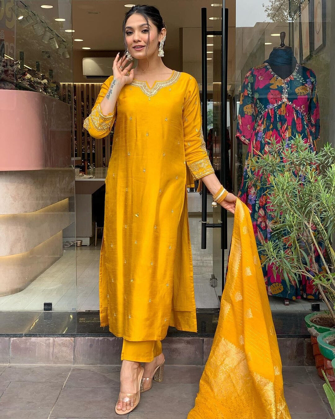 Mustard Embroidered Silk Suit Set with Dupatta