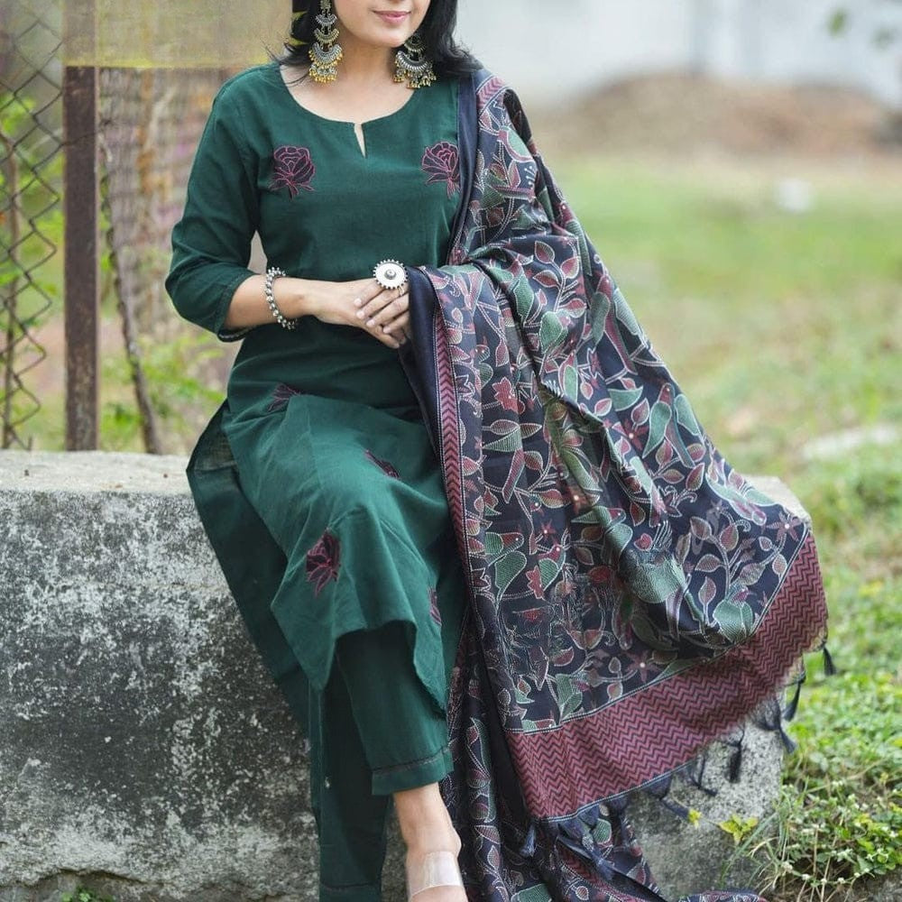 Sea Turtle Green Embroidered Cotton Flex Suit Set with Dupatta