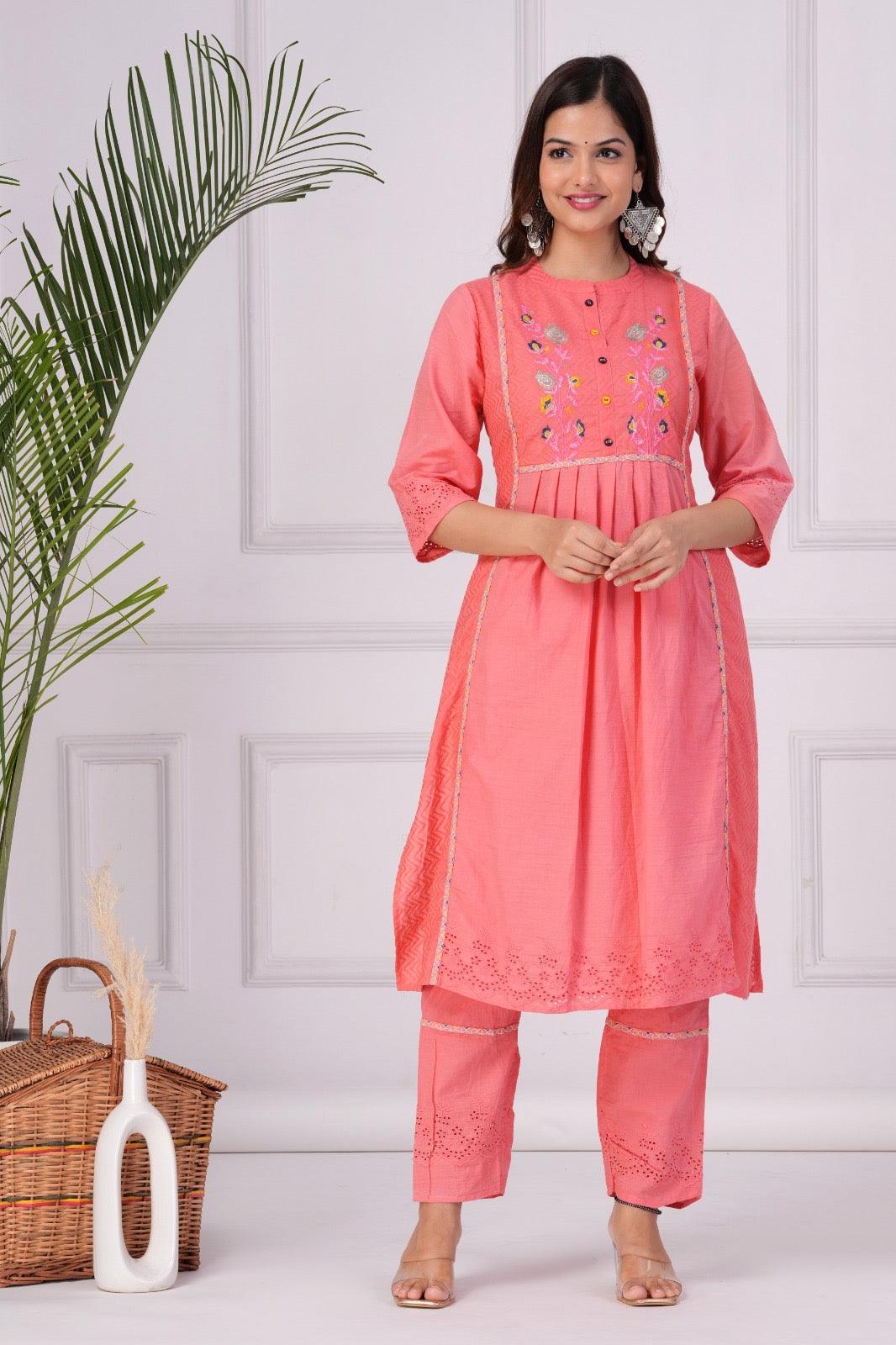 Embroidered Cotton Schiffli Kurta and Pant Set with Dupatta