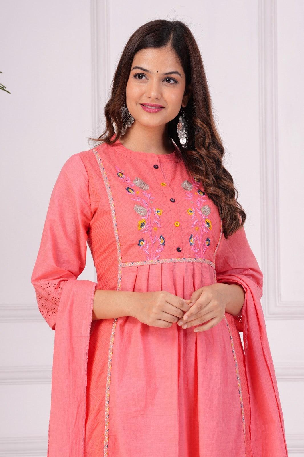 Embroidered Cotton Schiffli Kurta and Pant Set with Dupatta