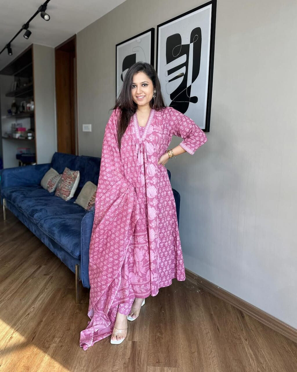 Pink Floral Printed Cotton Kurta and Pant Set with Dupatta