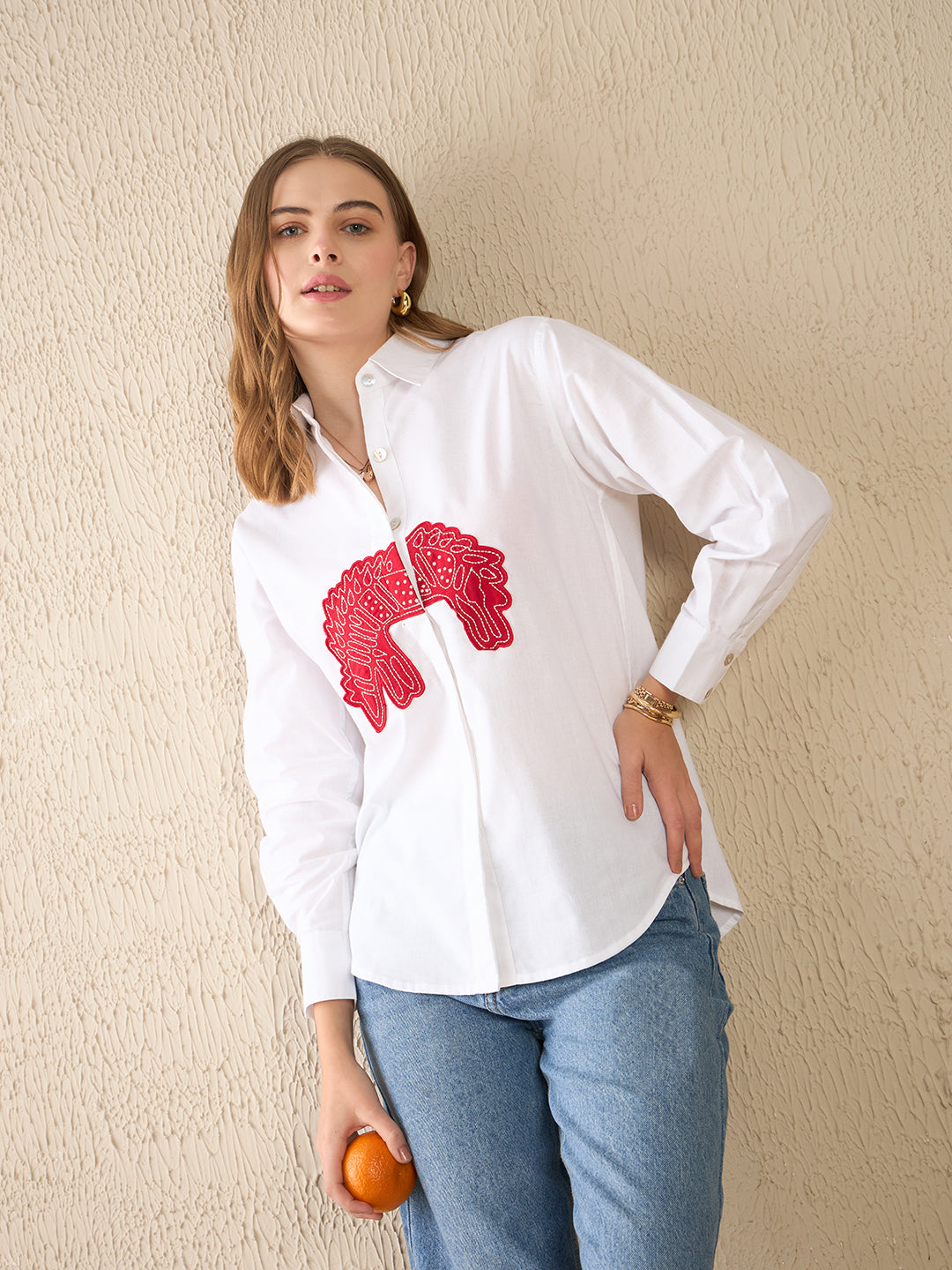 Embroidered Applique Cotton Shirt