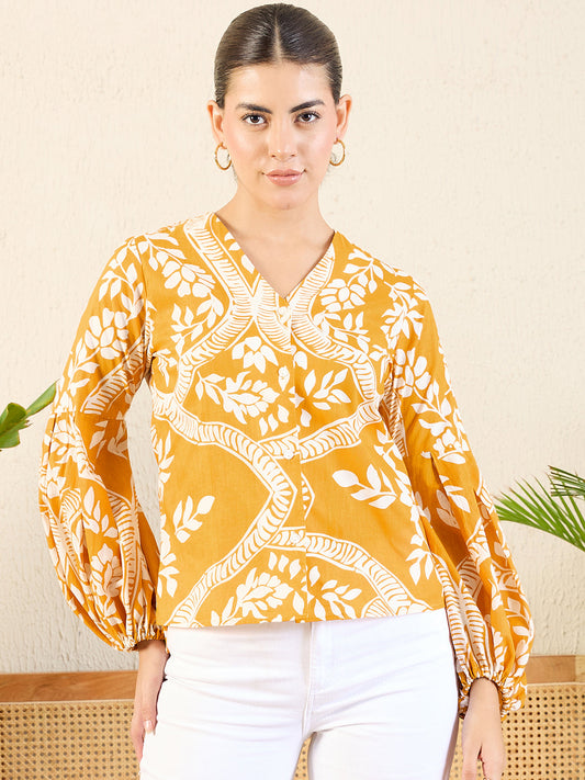 Printed Cotton Shirt with Balloon Sleeves