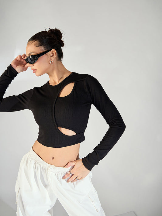 Stretchable Ribbed Top with Front Cut Outs