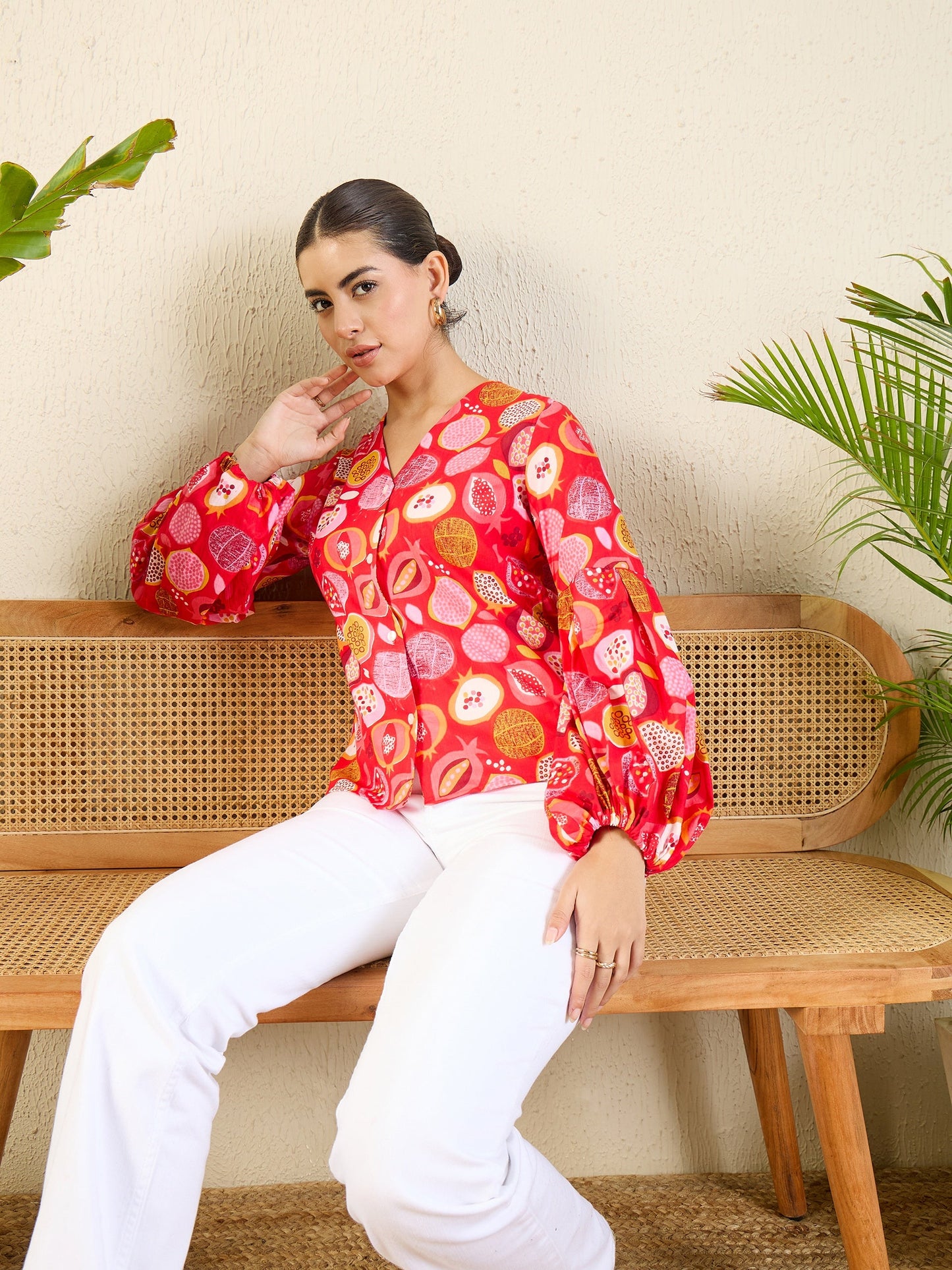 Printed Cotton Shirt with Balloon Sleeves