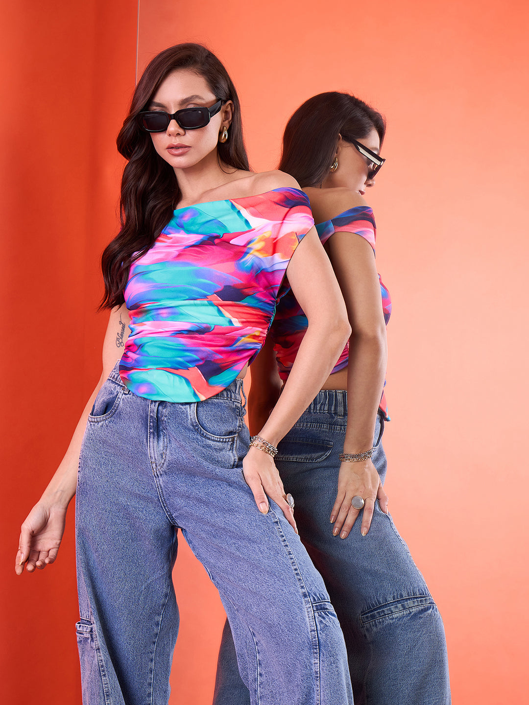 Printed Cotton Stretchable Draped Crop Top