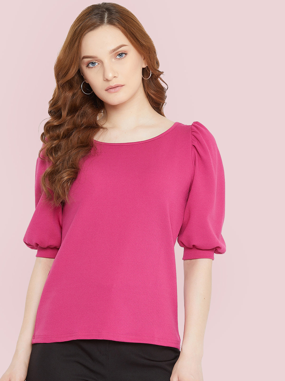 Cotton Stretchable Round Neck Puff Sleeve Top