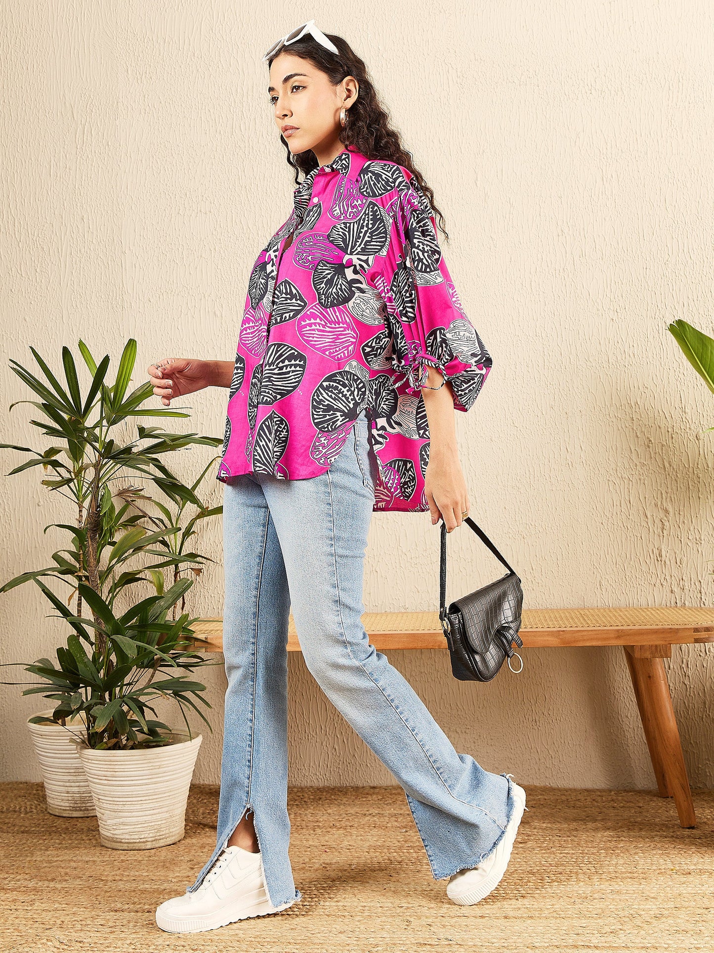 Printed Cotton Shirt with Tie Up Sleeves