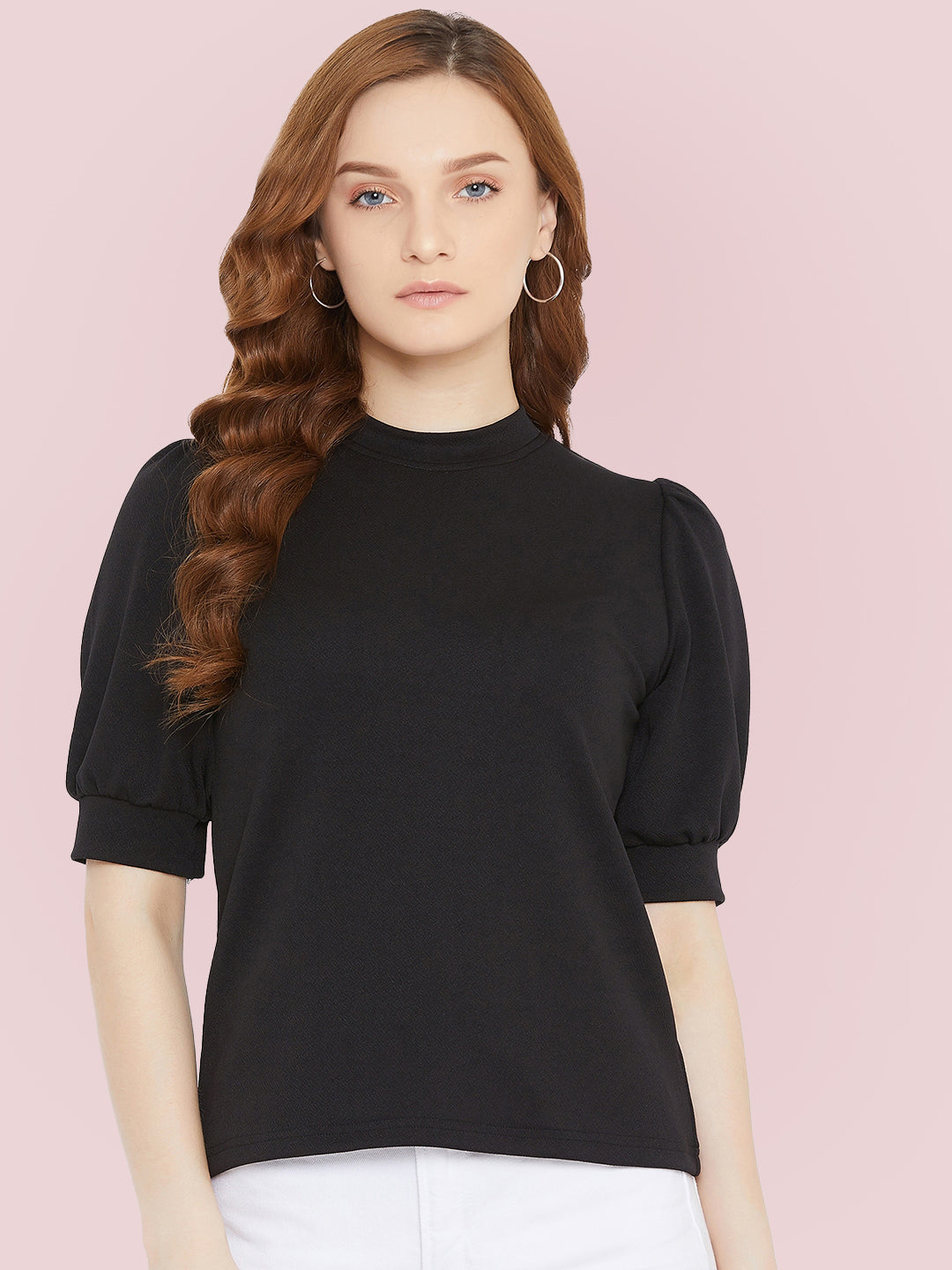 Cotton Solid Stretchable High Neck Puff Sleeve Top