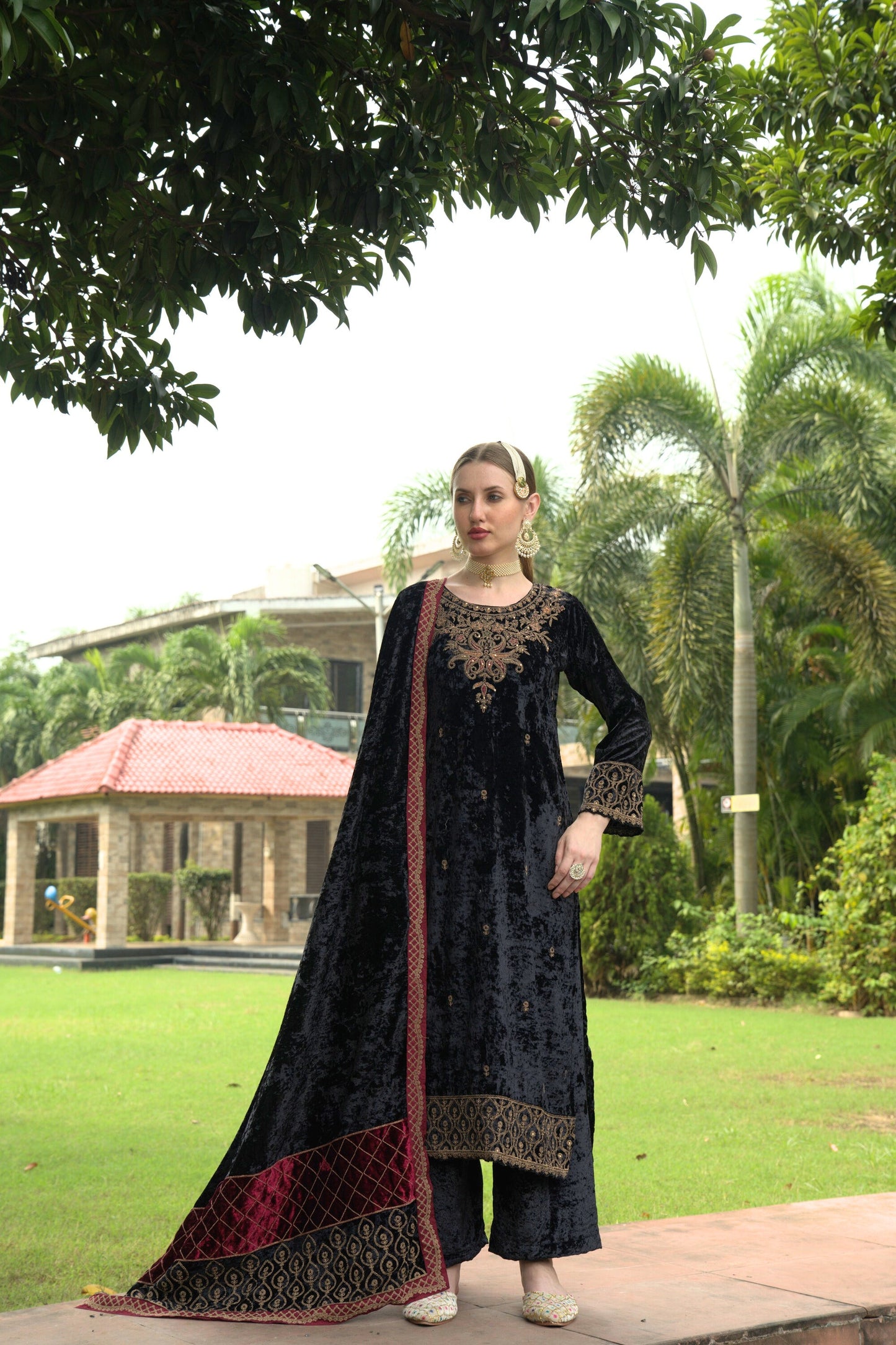 Black Designer Velvet Pakistani Suit Set