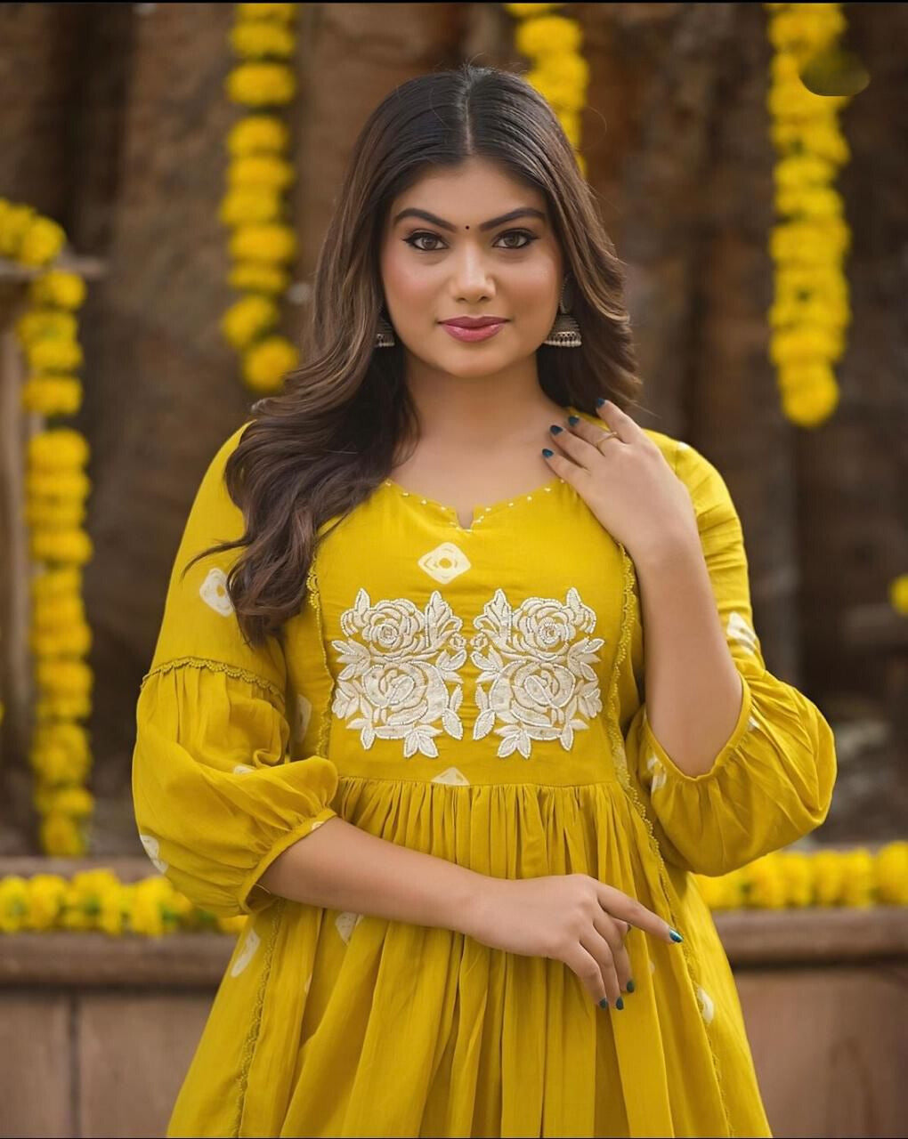 Mustard Yellow Embroidered Cotton Anarkali Kurta and Pant Set