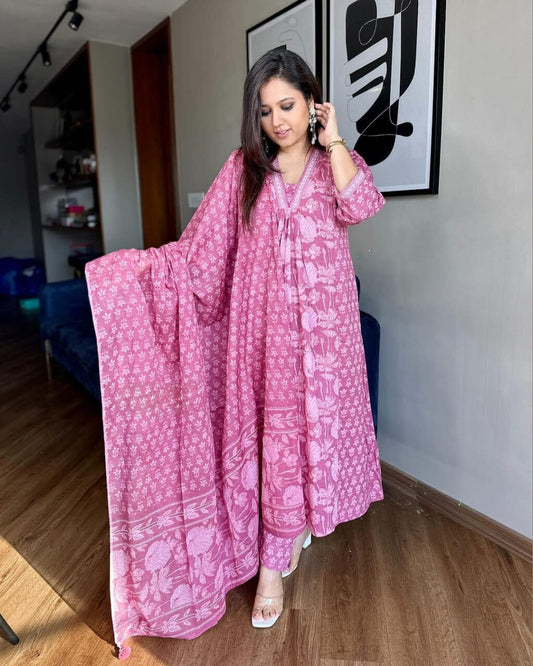 Pink Floral Printed Cotton Kurta and Pant Set with Dupatta